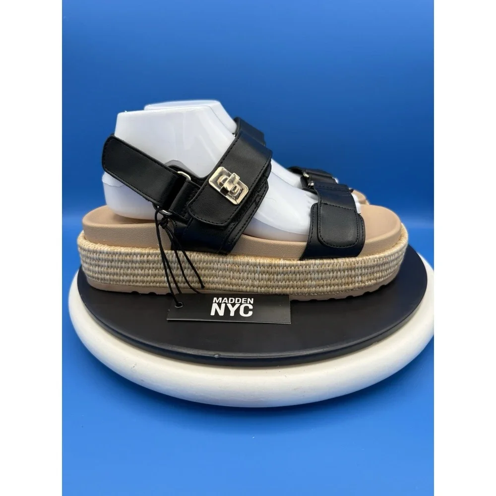 Madden NYC Womens Size 9 Raffia Black Espadrille Platform Wedge Sandals Boho